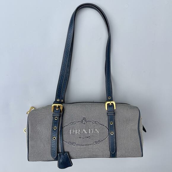 Prada Canapa Logo Grey And Navy Canvas And Leather Barrel Shoulder Bag - Picture 1 of 16